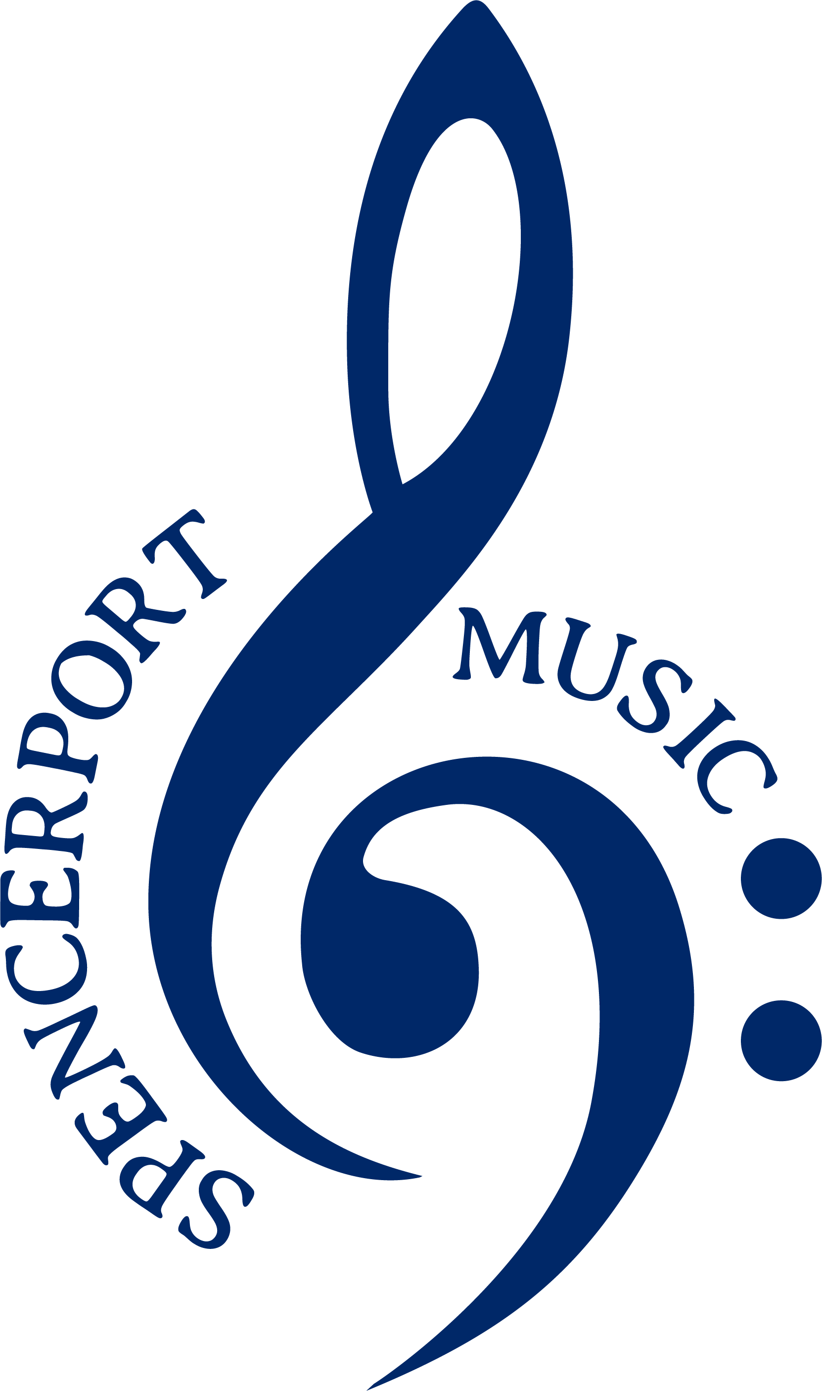 A dark blue treble clef logo with the text 'SPENCERPORT' on the left and 'MUSIC' on the right.